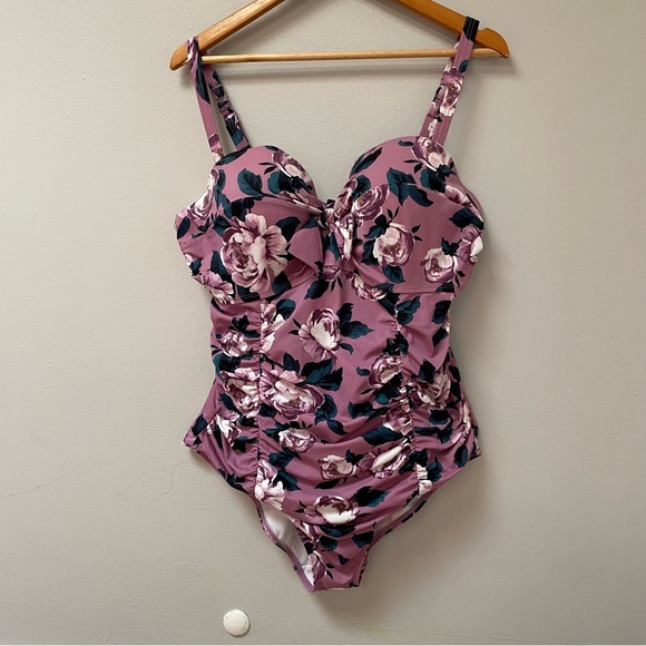 TORRID 2X Underwire Ruched Tie-Front One Piece Swimsuit lavender floral - Picture 3 of 9